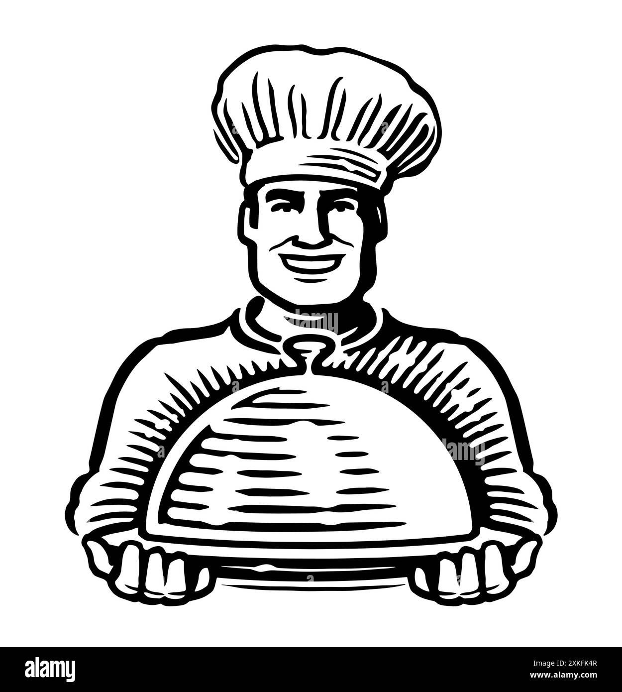 Der Koch hält eine Restaurantstube. Service Essen Emblem. Vektorillustration für handgezeichnete Skizzen. Stock Vektor