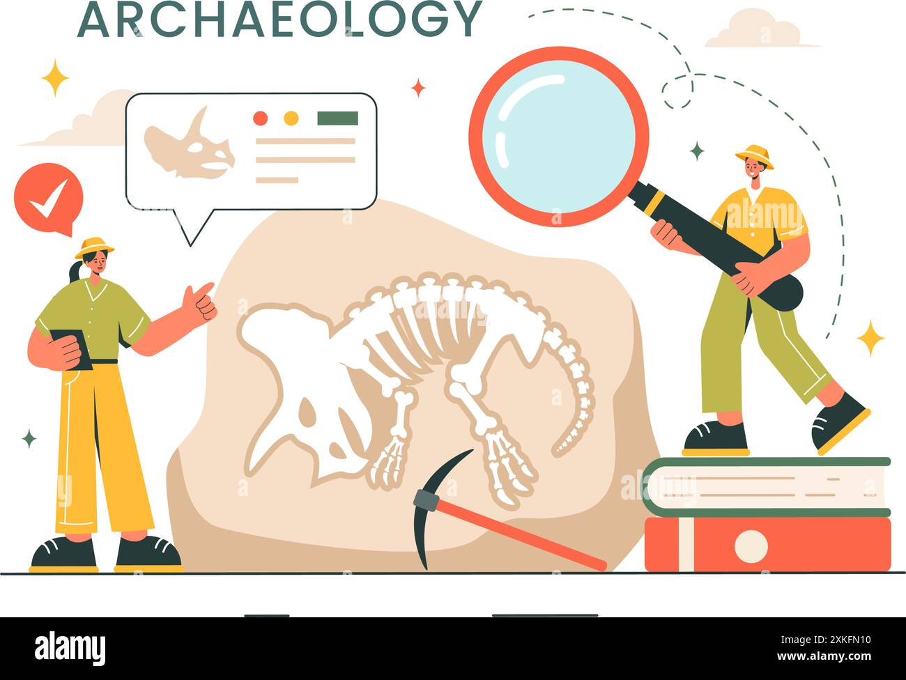 Archäologie Vektor-Illustration mit einer archäologischen Ausgrabung von antiken Ruinen, Artefakten und Dinosaurierfossilien in einem flachen Cartoon Hintergrund Stock Vektor