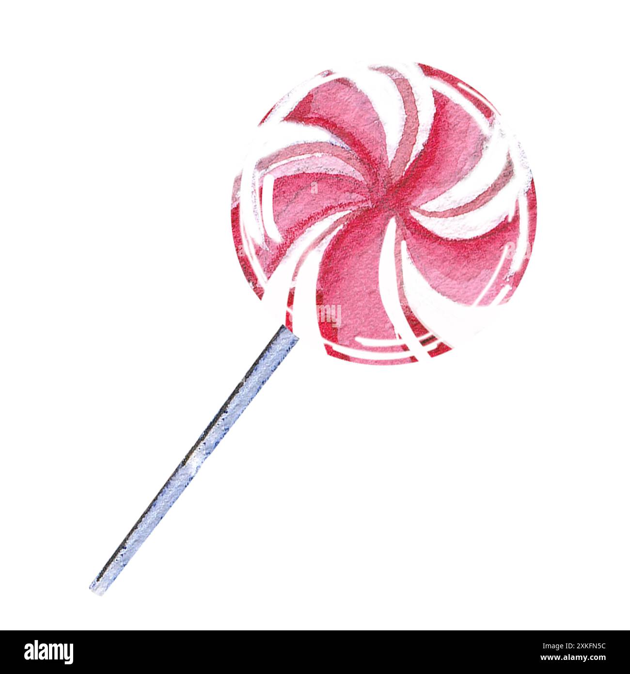 Lutscher mit rundem Streifenmuster in Aquarellrosa. Handgezeichnete Aquarellillustration von süßrosa und weißem Lutscher. Stockfoto