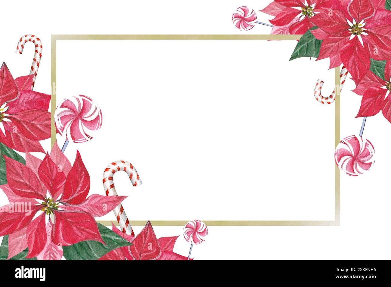 Weihnachtskartenrahmen mit Blumenmuster und Weihnachtsstern. Aquarell Illustration Party Einladung Vorlage, Hand gezeichnet, Blätter, Blumen und Zuckerrohr Stockfoto