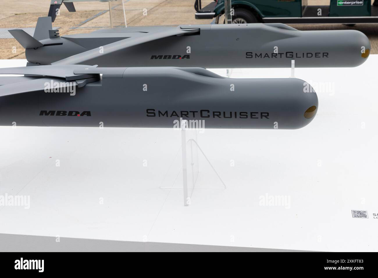 MBDA-Raketenwaffen auf der Farnborough International Airshow 2024. Die Arme fair. Smart Cruiser und Smart Glider Raketen Stockfoto