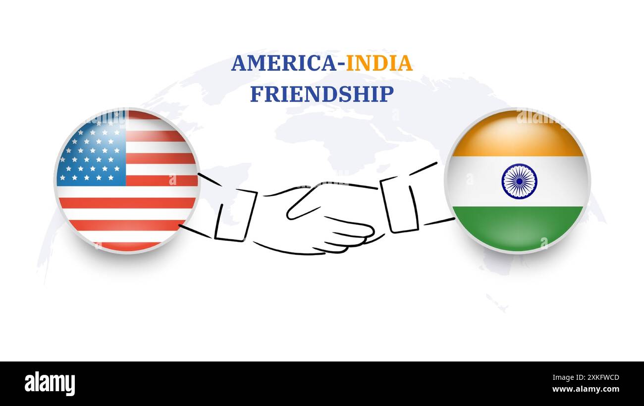 Amerika und indien Flaggen im Kreis mit schüttelnder Hand. Freundschaft zwischen Amerika und Indien. Amerikanische und indische Flaggen, isoliert auf weißem Hintergrund. Vektorsymbol Stock Vektor