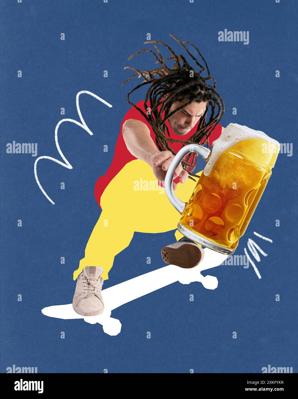 Poster. Zeitgenössische Kunstcollage. Junger Mann, Skateboarder, der in Bewegung einen Ollie-Trick macht und ein Glas kaltes Craft-Bier hält. Flippiges Kunstwerk. Stockfoto