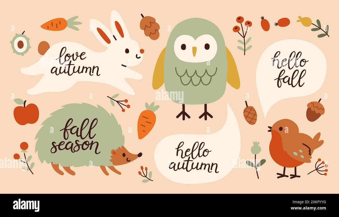 Herbsttiere handgezeichnetes Schriftzug-Set. Handgeschriebene Slogans der Herbstsaison. Herbstliche Phrasen mit niedlichen, gemütlichen Designelementen Stock Vektor