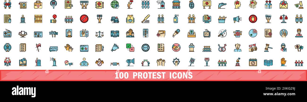 100 Protest-Symbole gesetzt. Farblinie Satz von Protestvektorsymbolen dünne Linie Farbe flach auf weiß Stock Vektor
