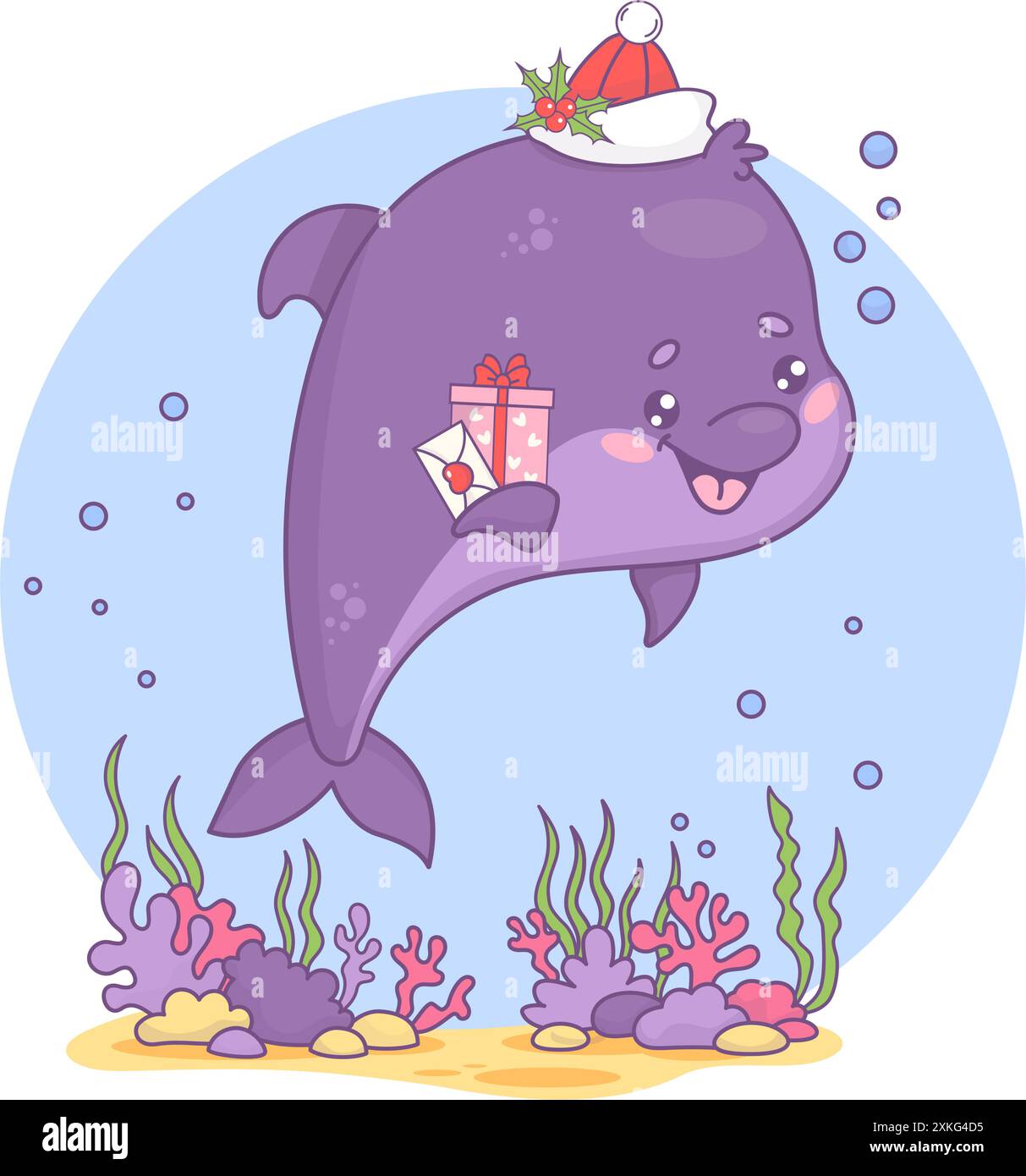 Süßer Weihnachtsdelfin mit Weihnachtsmütze mit Geschenk und Brief. Unterwasserwelt mit Seetang und Kawaii-Charaktertier im Urlaub. Vektorillustraten Stock Vektor