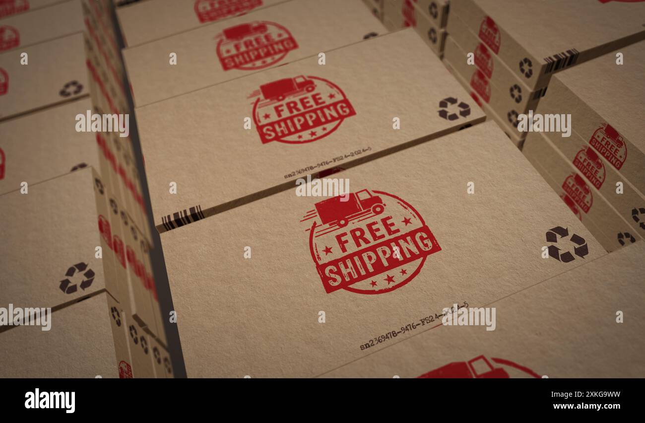 Kostenlose Versandbox Produktionslinie. Lieferaktion Kartonverpackung Fabrik. Abstraktes Konzept 3D-Illustration. Stockfoto