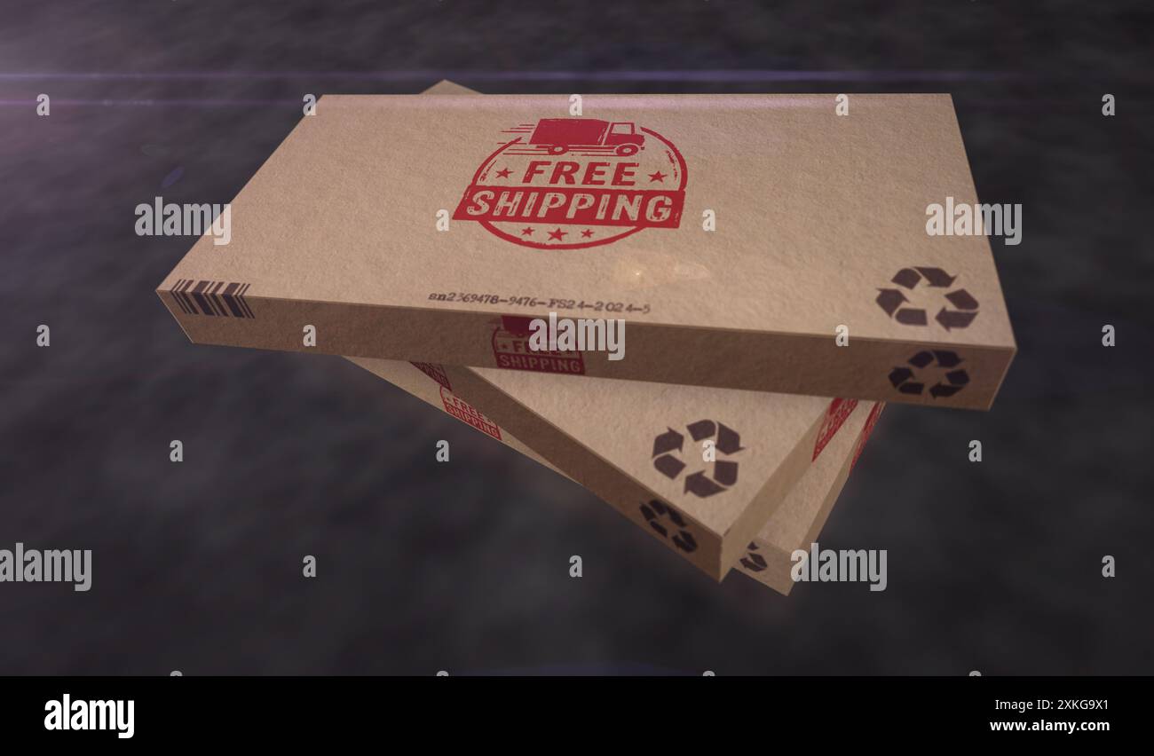 Kostenlose Versandbox Produktionslinie. Lieferaktion Kartonverpackung Fabrik. Abstraktes Konzept 3D-Illustration. Stockfoto