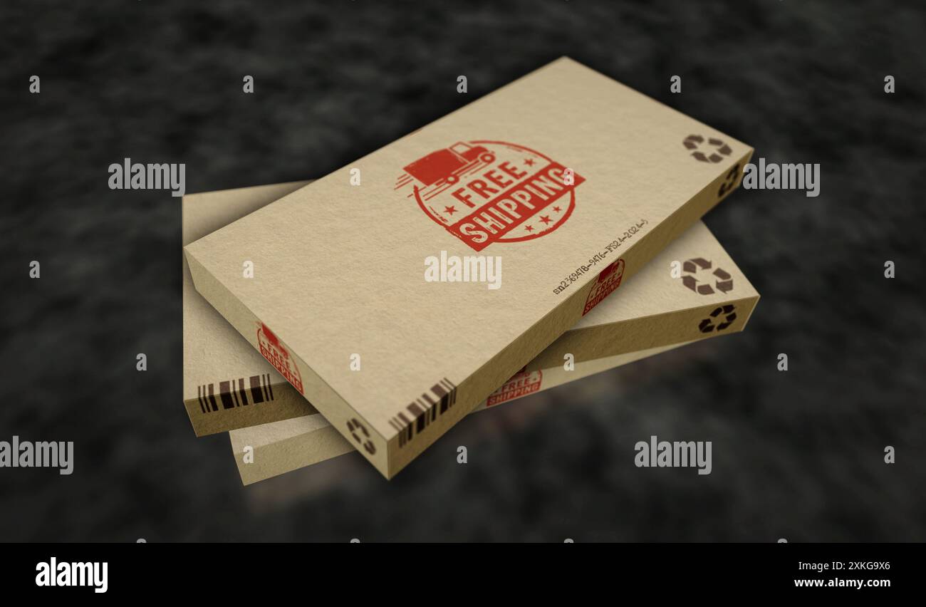 Kostenlose Versandbox Produktionslinie. Lieferaktion Kartonverpackung Fabrik. Abstraktes Konzept 3D-Illustration. Stockfoto