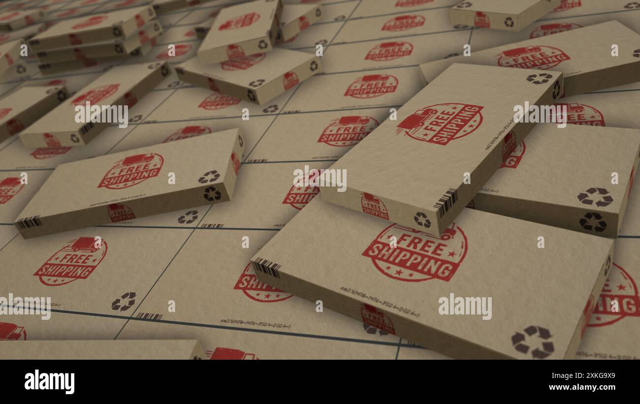 Kostenlose Versandbox Produktionslinie. Lieferaktion Kartonverpackung Fabrik. Abstraktes Konzept 3D-Illustration. Stockfoto