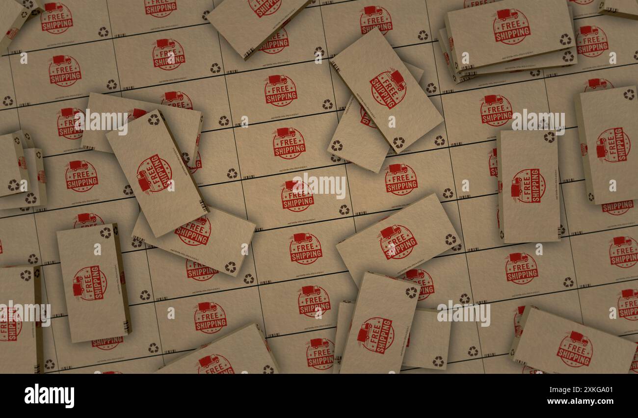 Kostenlose Versandbox Produktionslinie. Lieferaktion Kartonverpackung Fabrik. Abstraktes Konzept 3D-Illustration. Stockfoto