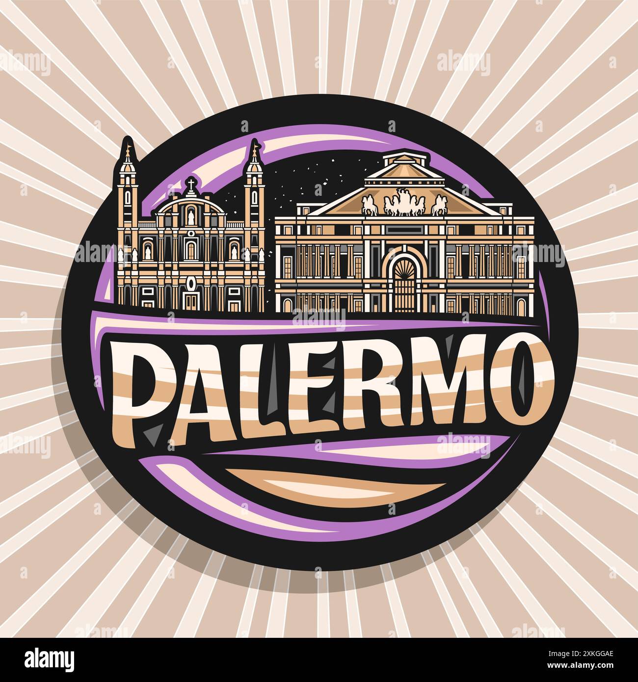 Vektor-Logo für Palermo, dunkles dekoratives Tag mit Umrissillustration der berühmten detaillierten palermo Stadtlandschaft auf Dämmerungshimmel Hintergrund, Kunstdesign Kühlschrank Stock Vektor