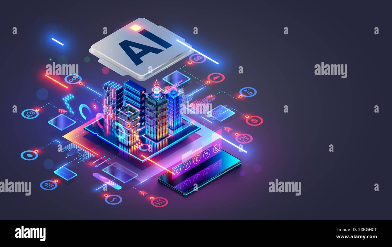Smart City-Konzept. KI steuert die futuristische Smart City. Isometrische futuristische Gebäude im Chip mit KI oder künstlicher Intelligenz, die effektiv ist Stock Vektor