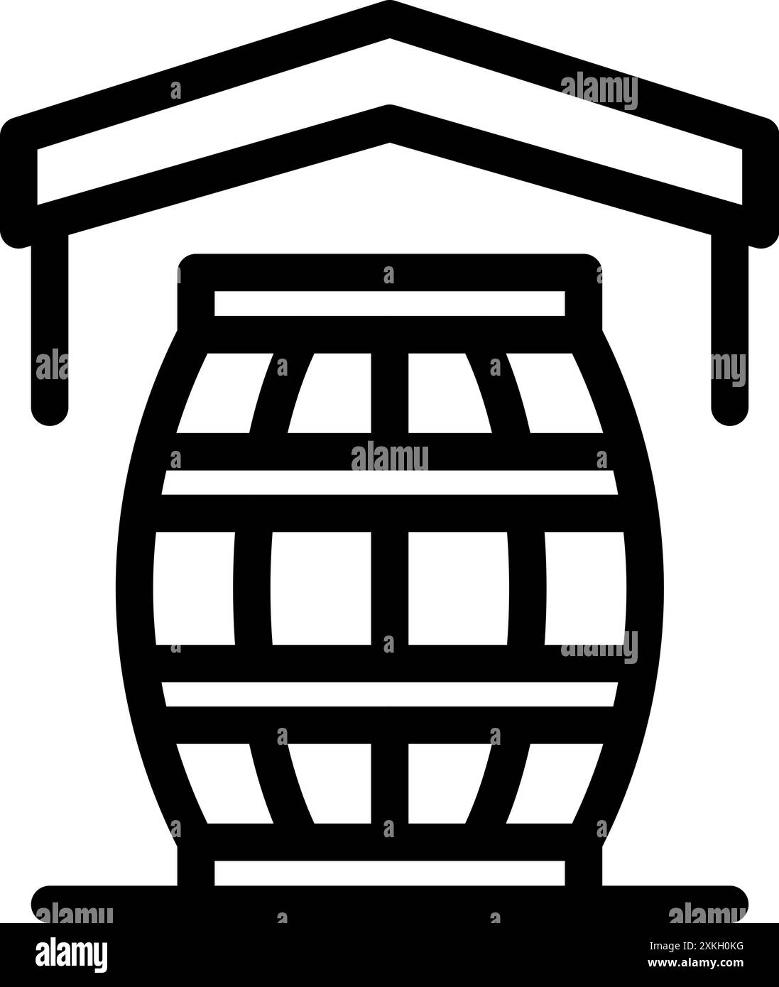 Schwarz-weiße Ikone eines Holzfasses, das unter dem Vordach steht und für die Lagerung von Wein und alkoholischen Getränken verwendet wird Stock Vektor