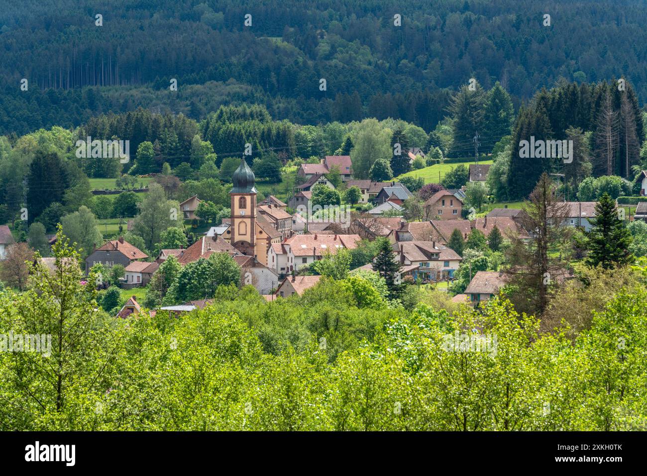 Landschaft rund um Saulxures, eine Gemeinde im Departement Unterrhein in Grand Est im Nordosten Frankreichs Stockfoto