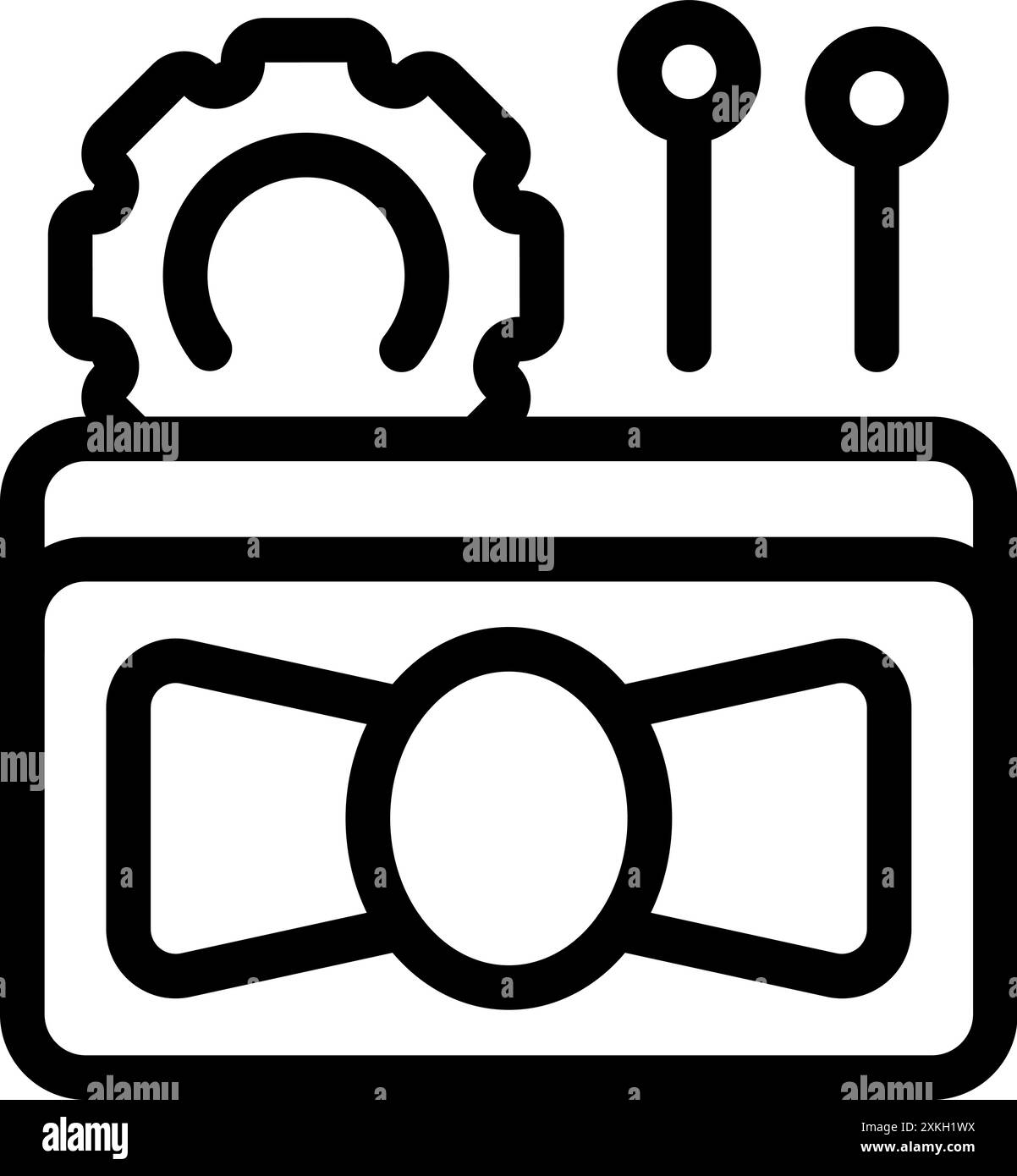 Geschenkgutscheine werden mit einem Zahnrad und Pins optimiert, was den Prozess der Verbesserung und Anpassung von Geschenkkartenlösungen darstellt Stock Vektor