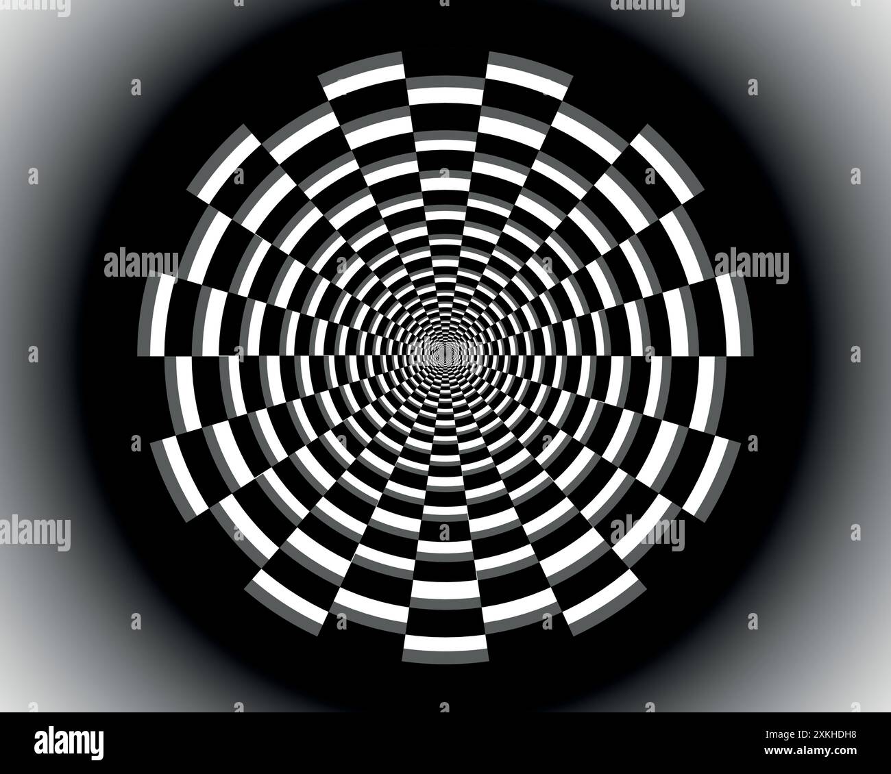 Tunnel aus einer Kachel-3D-Abstraktion. Kreisförmiger Tunnel rechteckiger Schach schwarz-weiß. Abgerundeter Schachbretthintergrund Stock Vektor