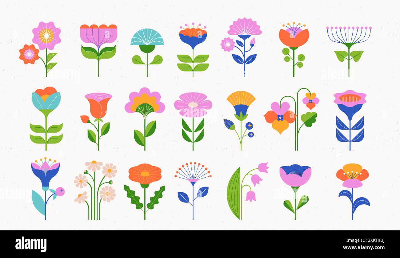 Moderne Blumen Illustrationen. Geometrisches, flaches Design, volkstümliches Motiv, helle und farbenfrohe Blumen. Vektorabbildungen Stock Vektor
