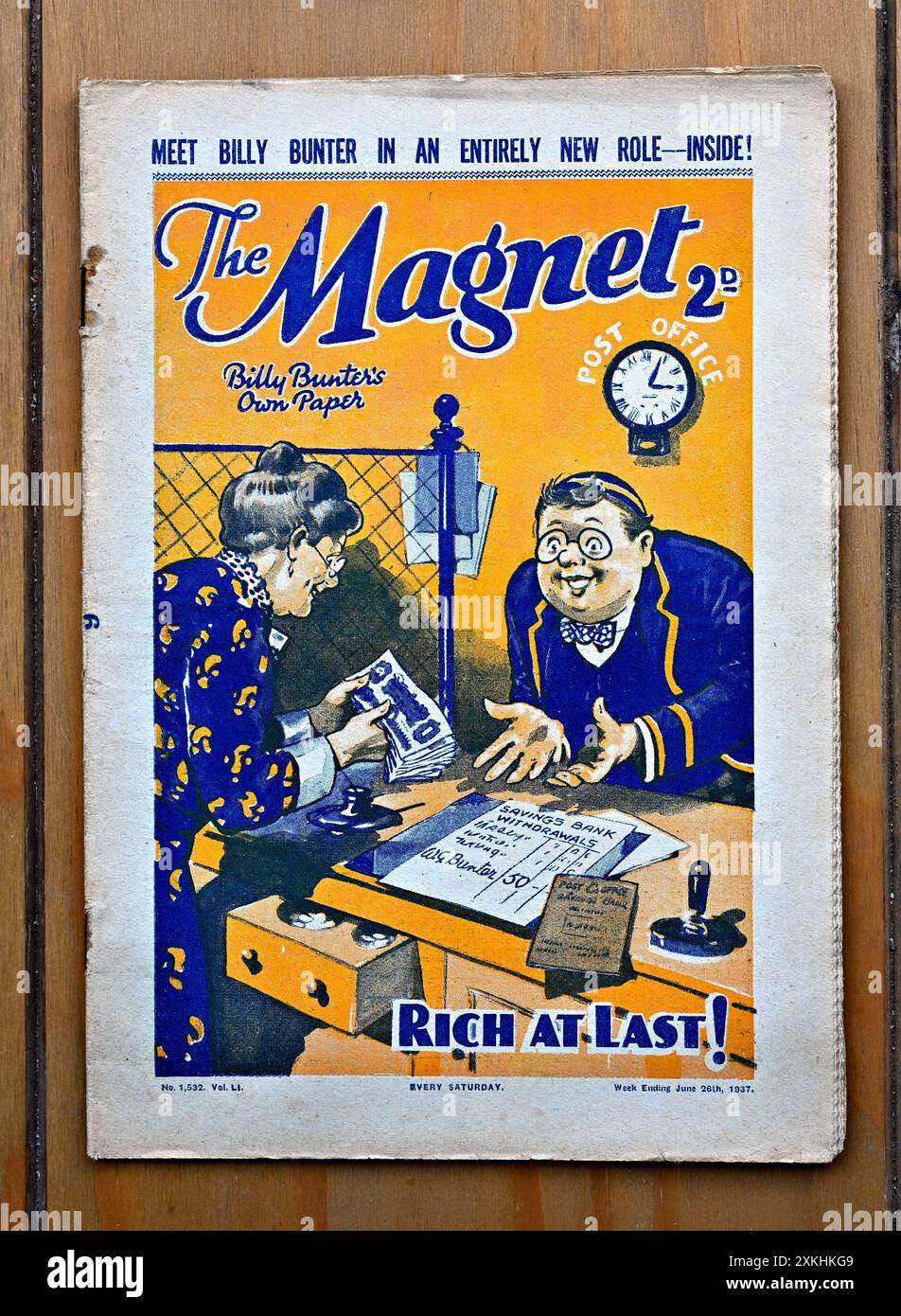 Billy Bunter, ein fiktiver Schuljunge, der von 1908 bis 1940 in der wöchentlichen Story-Zeitung The Magnet, veröffentlicht am 26. Juni 1937, erschien Stockfoto