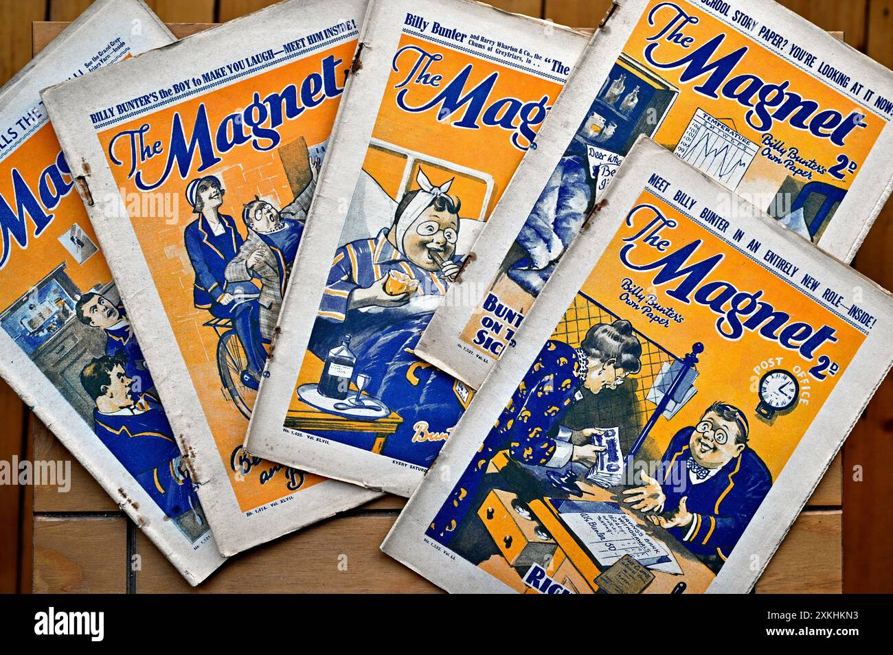 Billy Bunter, ein fiktiver Schuljunge, der von 1908 bis 1940 in der wöchentlichen Story The Magnet erschien, Vintage-Exemplare der 1930er Jahre Stockfoto