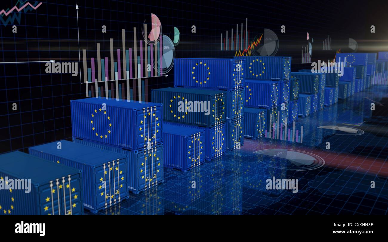 EU-Exportproduktion und -Import-Frachtcontainer auf Diagrammen und Diagrammen Geschäftskonzept. Abbildung 3D-Illustration der Flagge der Europäischen Union. Stockfoto