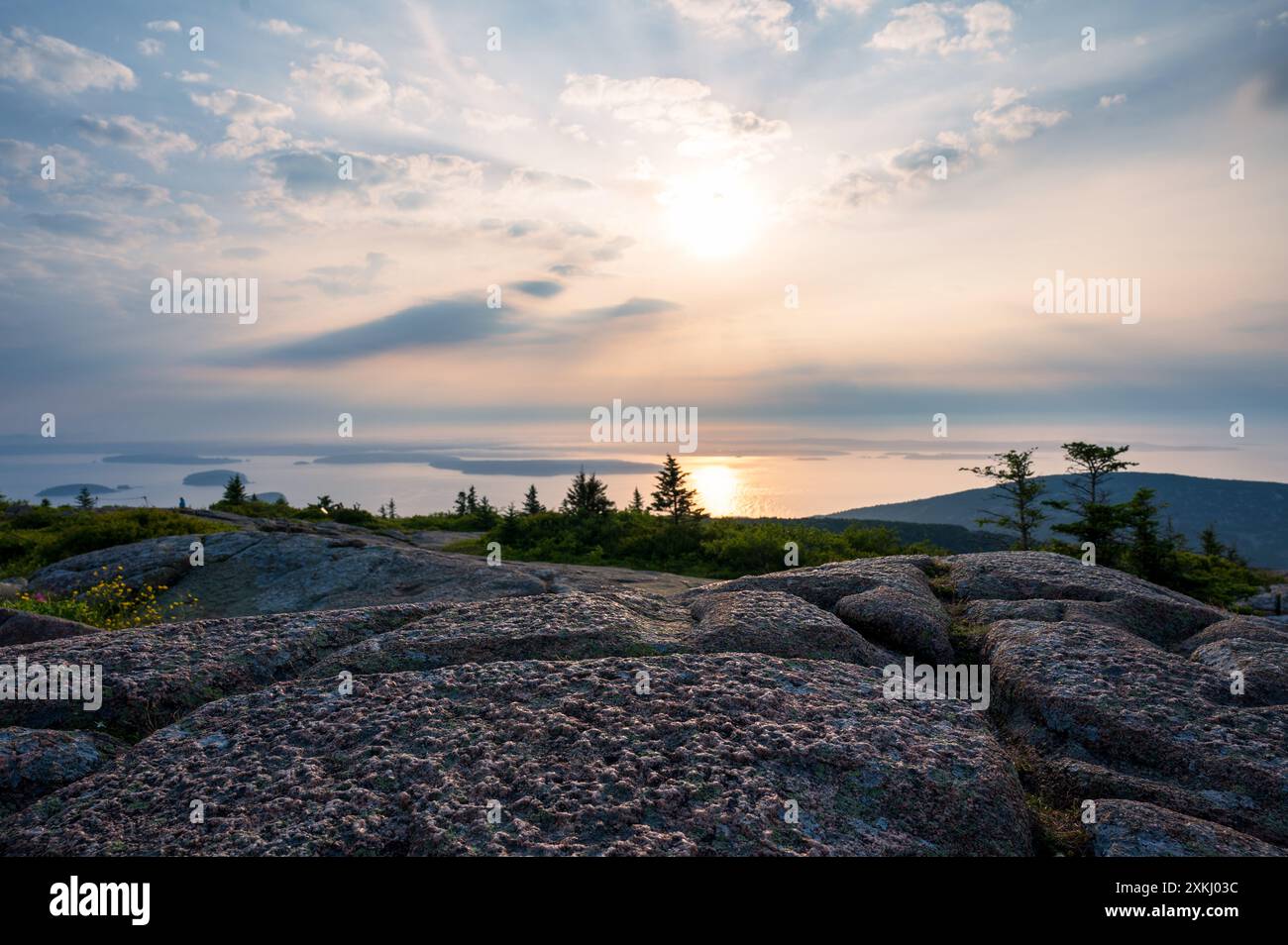 Ruhige Meereslandschaft vom Cadillac Mountain Acadia mit Copy-Space Stockfoto