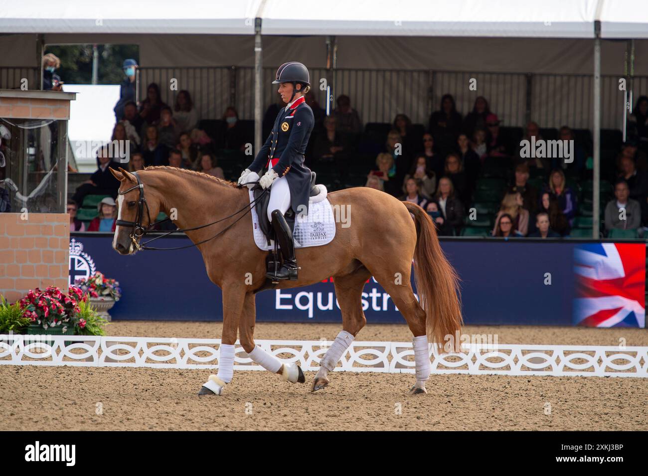 BILDER ABLEGEN. Juli 2024. Charlotte Dujardin hat sich von den Olympischen Spielen in Paris zurückgezogen. Sie hat in einer Erklärung erklärt, dass „ein Video von vor vier Jahren entstanden ist, das zeigt, wie ich während einer Coaching-Sitzung einen Beurteilungsfehler mache. Verständlicherweise untersucht die Internationale Föderation für Reitsport (FEI), und ich habe beschlossen, mich von allen Wettkämpfen - einschließlich der Olympischen Spiele in Paris - zurückzuziehen, während dieser Prozess stattfindet." Windsor, Berkshire, Großbritannien. 30. Juni 2021. Die Olympiasiegerin Charlotte Dujardin nimmt an einem Dressurwettbewerb bei der Royal Windsor Horse Show in Win Teil Stockfoto