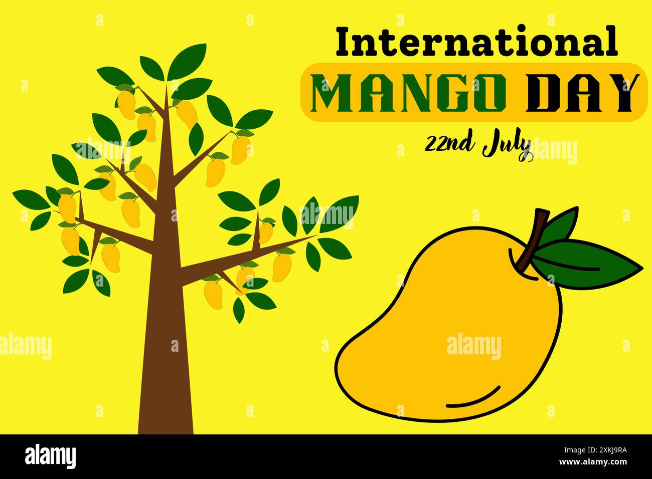 Internationaler Mango-Tag. 22. Juli World Mango Day Feier, Mangobaum mit vielen Mangos drauf und Eine einzelne Mango mit Blatt. Stock Vektor