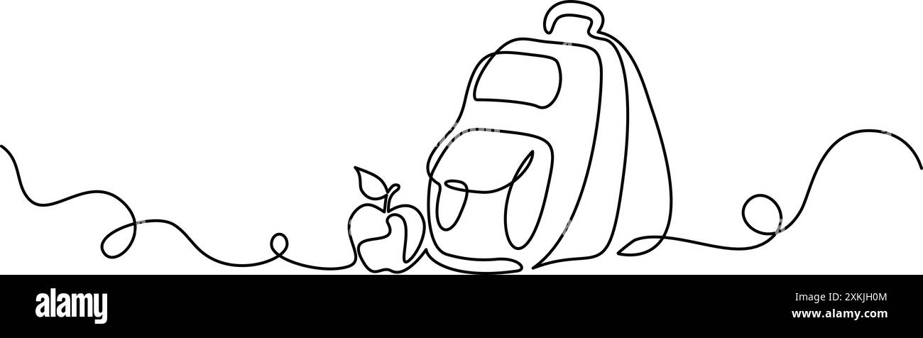 Deko für den Schulbesuch. Durchgehende einzeilige Zeichnung von Apfel und Rucksack Stock Vektor