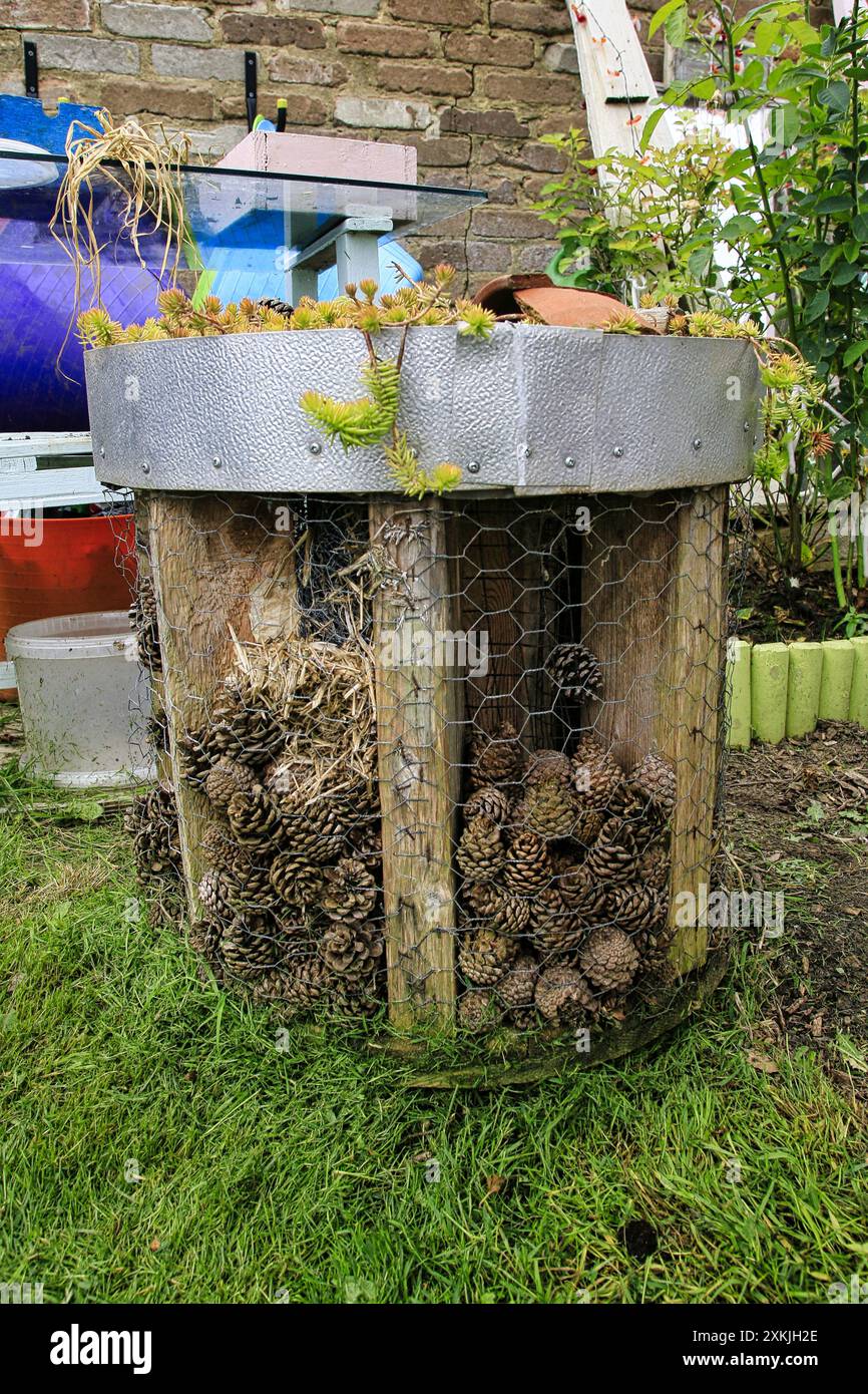 Großes, handgebautes Insektenhaus mit Tannenzapfen, altem Holz, Sedum und Scherben von Terrakotta-Töpfen Stockfoto