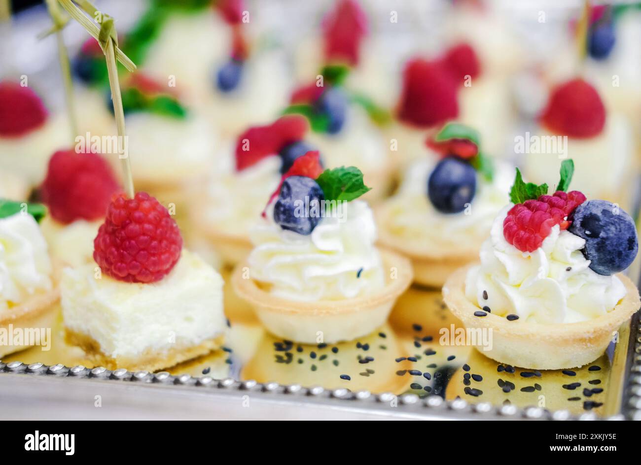 Eine Vielzahl von Beerendesserts garniert mit Himbeeren, Heidelbeeren und Minze, wunderschön auf einem Tablett für eine formelle Veranstaltung angeordnet. Horizontale Aufnahme. Stockfoto