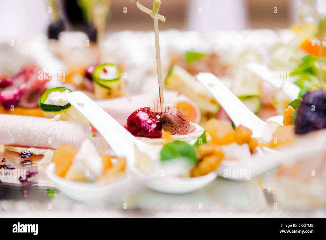 Eine lebendige Auswahl an farbenfrohen Häppchen, die bei einem Catering-Event elegant auf einem silbernen Tablett angeordnet sind. Stockfoto