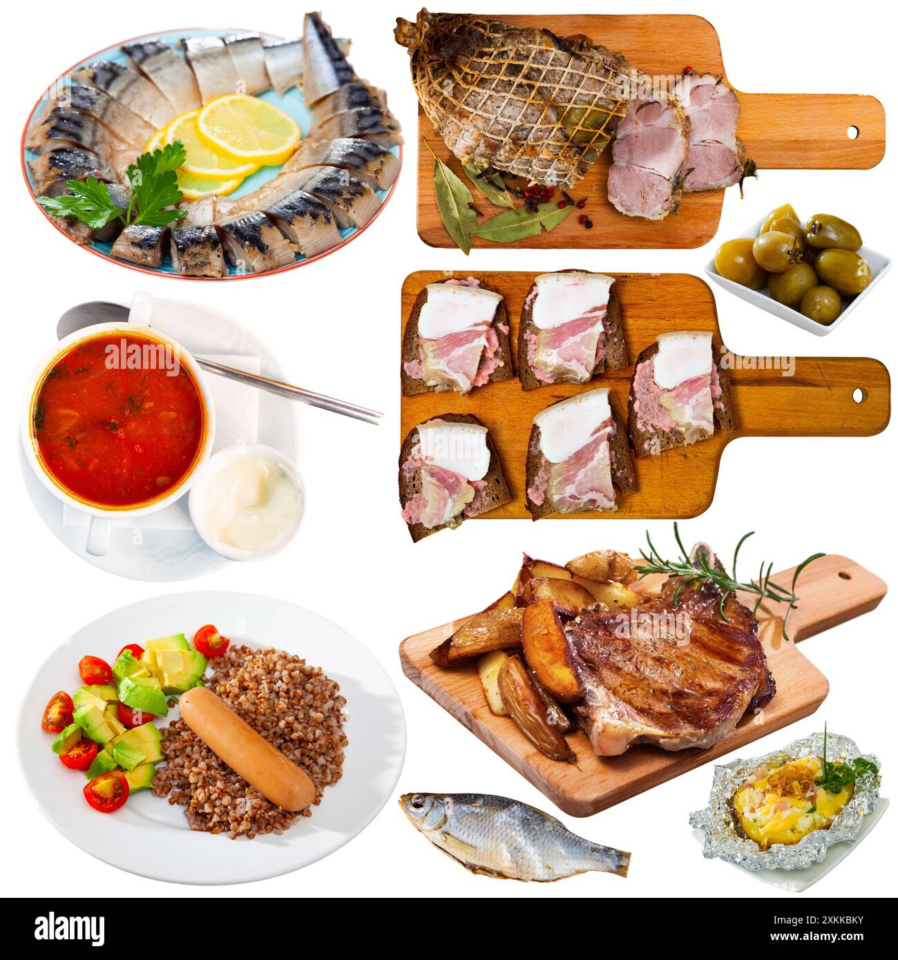 Set von russischen Gerichten isoliert auf weiß Stockfoto