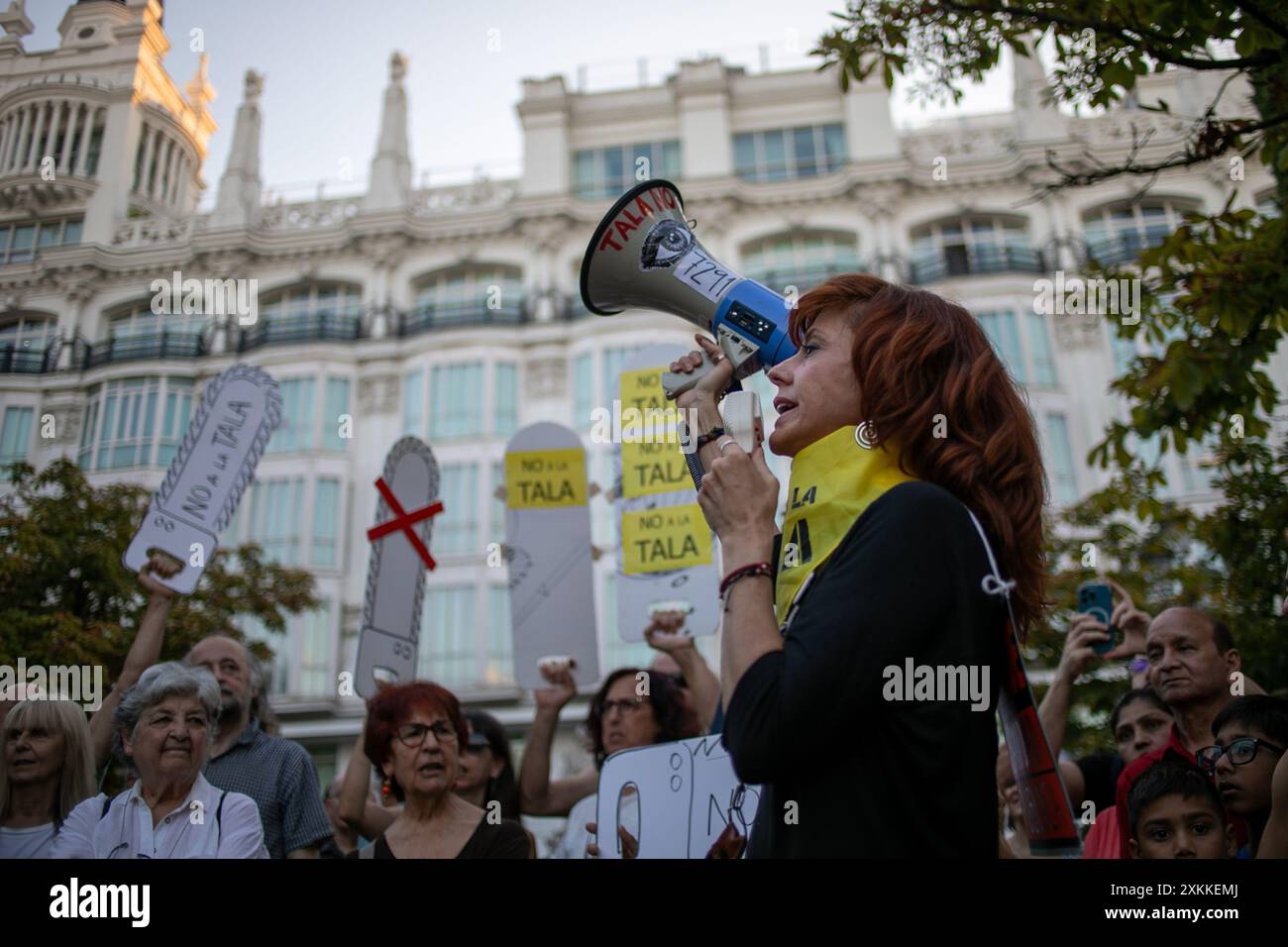 Madrid, Spanien. Juli 2024. Die Einwohner Madrids versammelten sich heute Nachmittag auf der Plaza Santa, um gegen die Entscheidung des Madrider stadtrates zu protestieren, mehr als ein Dutzend Bäume auf dem zentralen Platz in Madrid zu Fällen. Quelle: D. Canales Carvajal/Alamy Live News Stockfoto