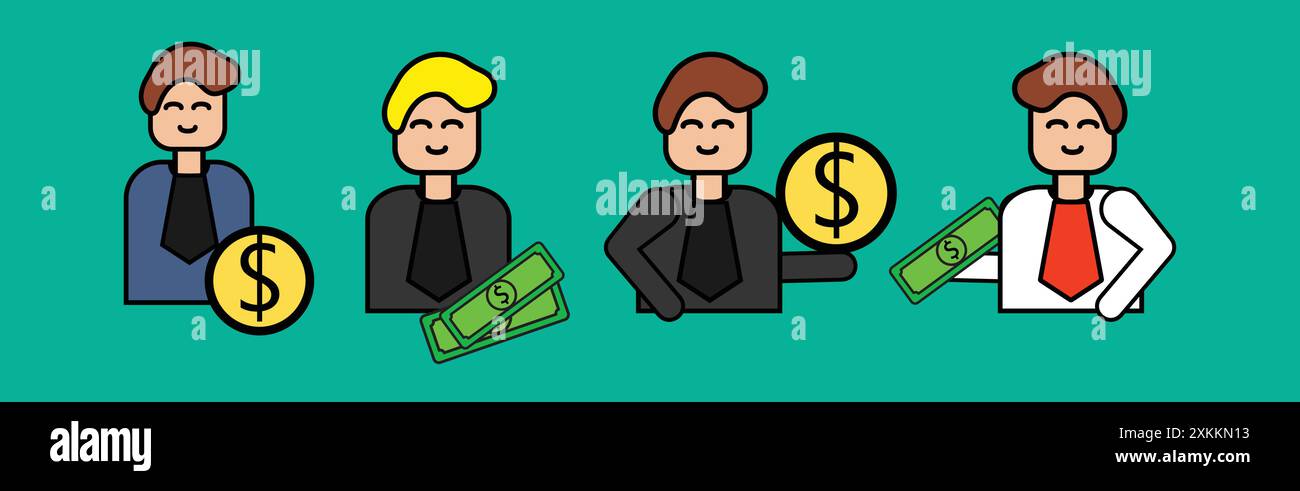 Geschäftsleute erhöhen ihren Reichtum mit Goldmünzen und Geld Stock Vektor