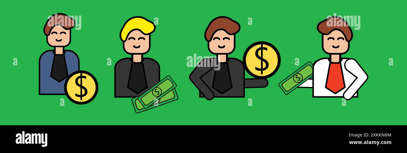 Geschäftsleute erhöhen ihren Reichtum mit Goldmünzen und Geld Stock Vektor