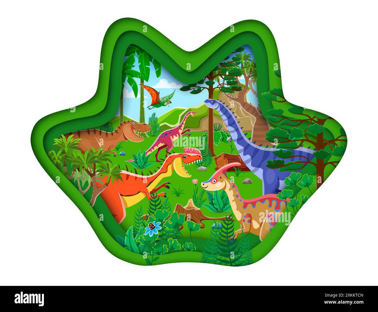 Prähistorischer Dinosaurier-Fußabdruck Papier geschnittenes Banner. 3D-Vektorrahmen in Form von Dino Pfoten Fußabdruck mit parasaurolophus, Hypselosaurus, Anchisaurus, Tap Stock Vektor
