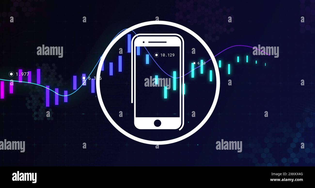 Bild des Smartphone-Symbols über Finanzdaten und Börsendiagramm Stockfoto