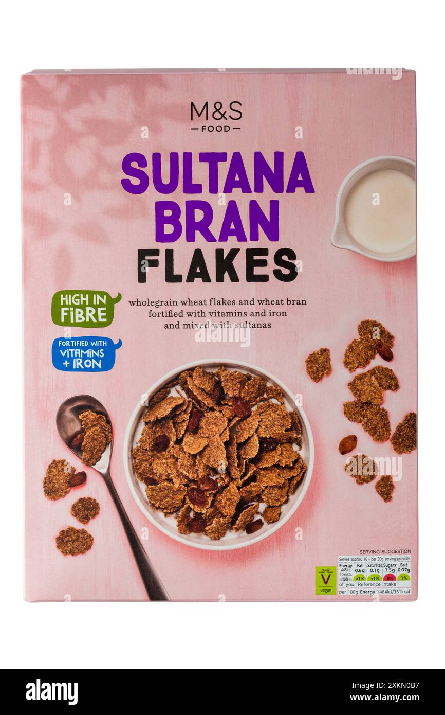 Schachtel Sultana Bran Flakes von M&S isoliert auf weißem Hintergrund Stockfoto