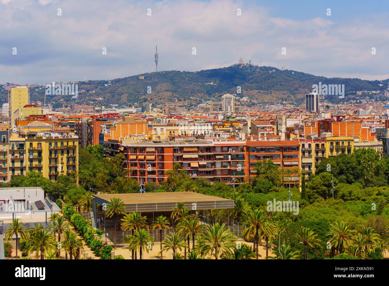 Barcelonas architektonische Vielfalt und die bergige Kulisse. Üppiges Grün und Wohngebäude fügen sich in die lebhafte Atmosphäre der Stadt ein. Stockfoto