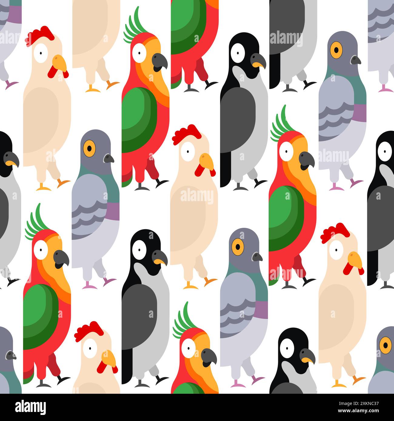 Nahtloses Vogelmuster. Lustiger Hahn- und Pinguinhintergrund. Tauben- und Papageienstruktur. Verzierung aus Kinderstoff Stock Vektor