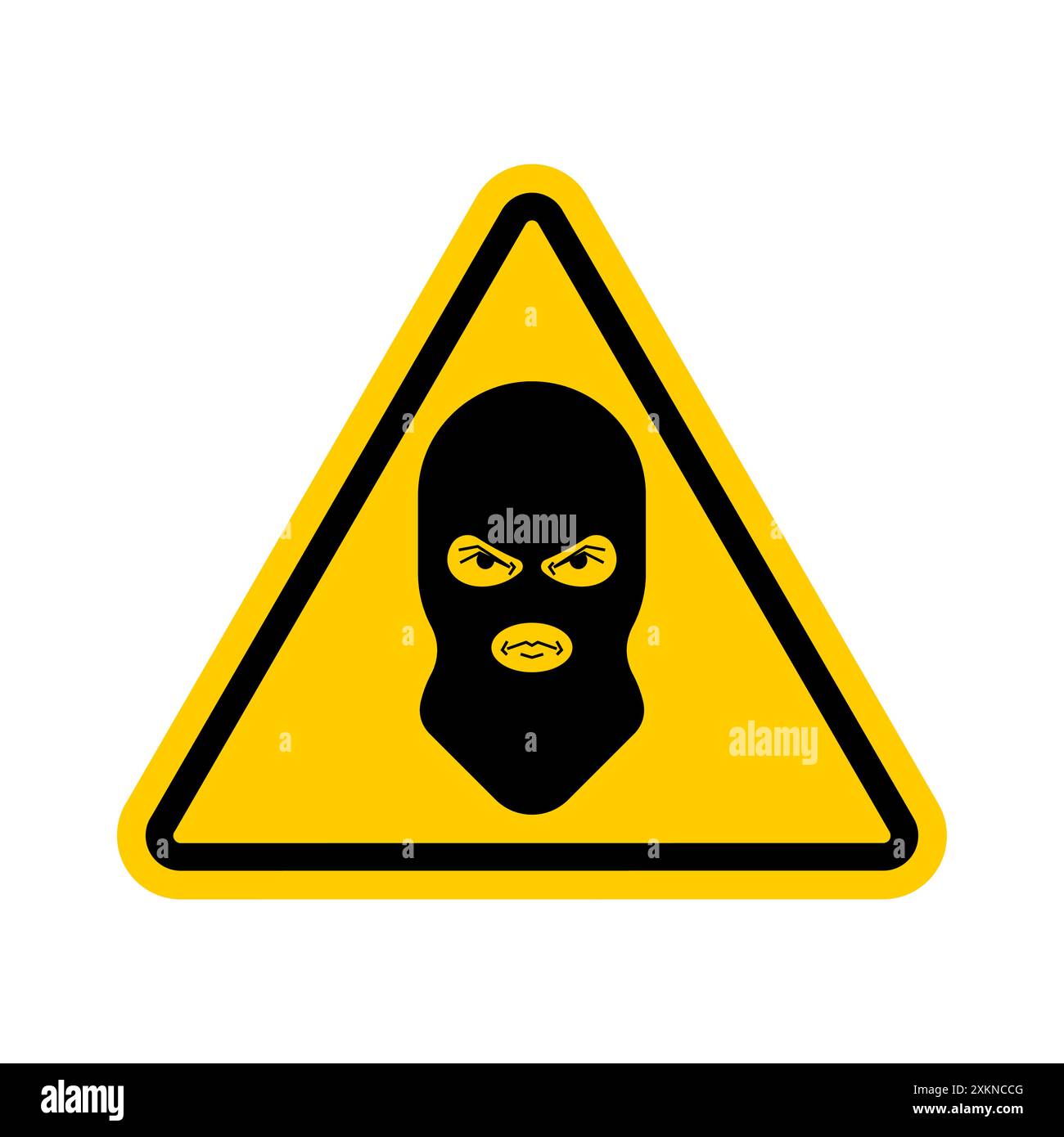 Achtung Balaclava Bandit. Vorsicht Terrorist. Gelbes Straßendreieck. Avast Scammer. Stock Vektor