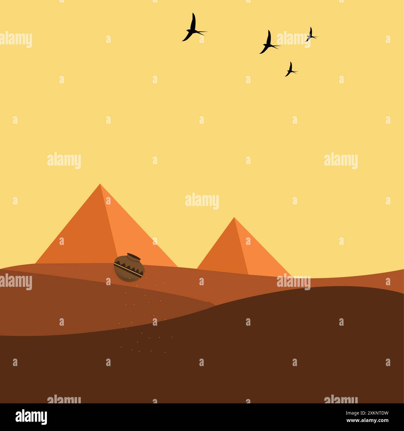 Vektor-Illustration von Wüste und Pyramiden mit Vögeln, die in den Himmel fliegen. Stock Vektor