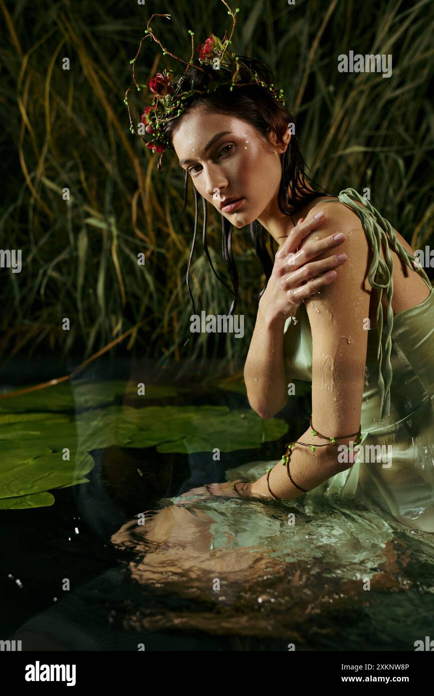 Frau im Blumenkleid posiert im Moonlit Sumpf. Stockfoto