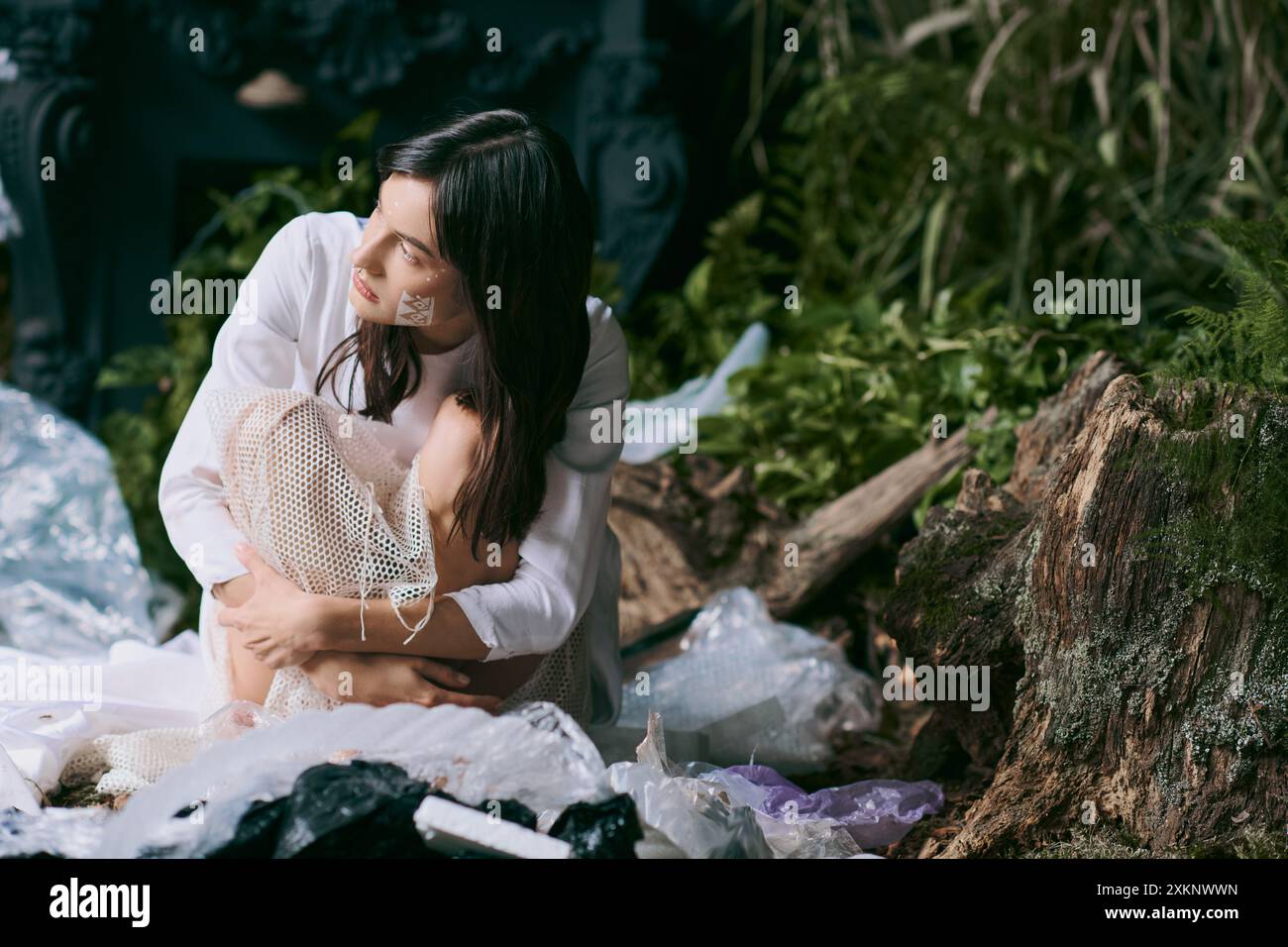 Eine Frau in weißer Kleidung sitzt inmitten eines Haufens Plastikmüll in einer sumpfigen Umgebung. Stockfoto