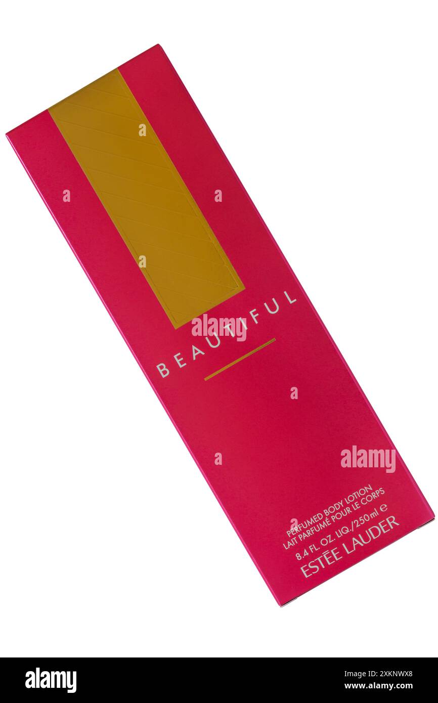 Wunderschöne parfümierte Körperlotion von Estee Lauder in Box isoliert auf weißem Hintergrund Stockfoto