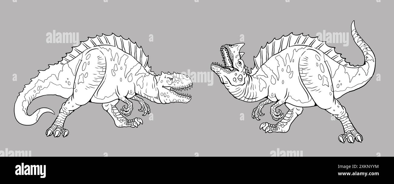 Bekämpfung räuberischer Dinosaurier. Dinosaurier-Vorlage zum Färben. Stockfoto
