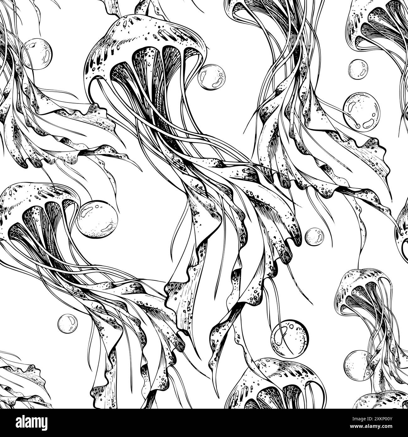 Eine Quallenherde schwimmt im Fluss. Marine Illustration der Unterwasserwelt, grafisch in schwarzer Tinte gezeichnet. Nahtloses Vektormuster in EPS Stock Vektor