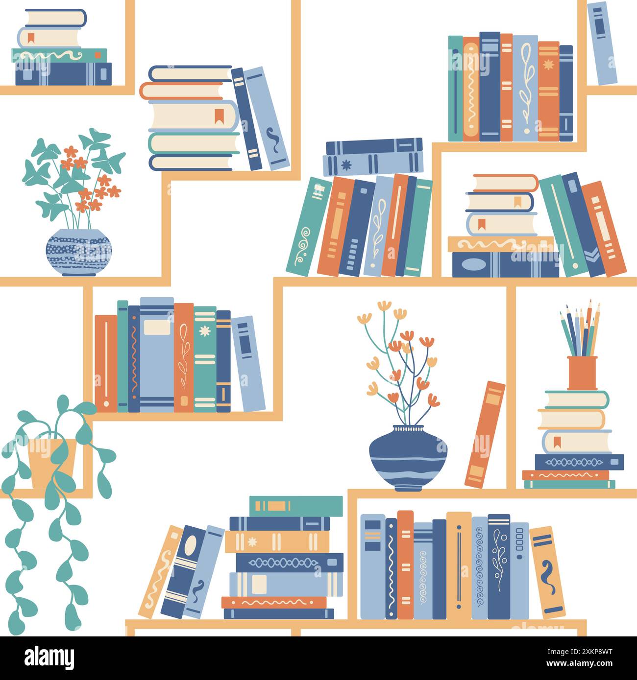 Bücher auf Regalen nahtloses Muster. Bücherregale oder Bücherregale Hintergrund Bibliothek oder Buchhandlung. Stock Vektor
