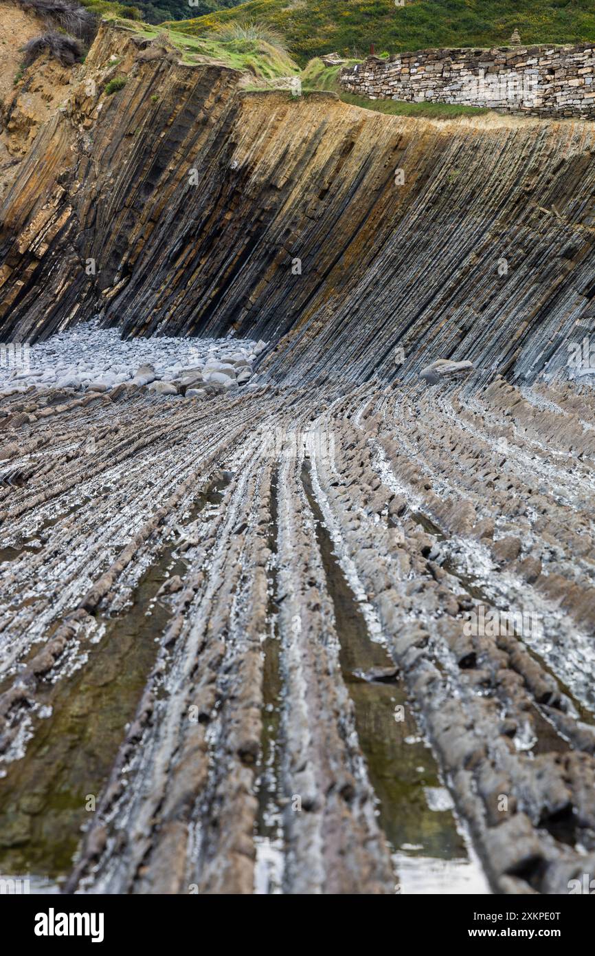 Rückläufige und aufsteigende Reihen von Felsformationen, die harte und weichere Schichten abwechseln. Sakoneta Flysch, Deba, Gipuzkoa, Baskenland, Spanien. Stockfoto